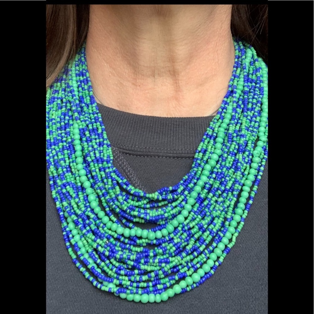Multi strand Beaded navy/green Chunky Statement Necklace